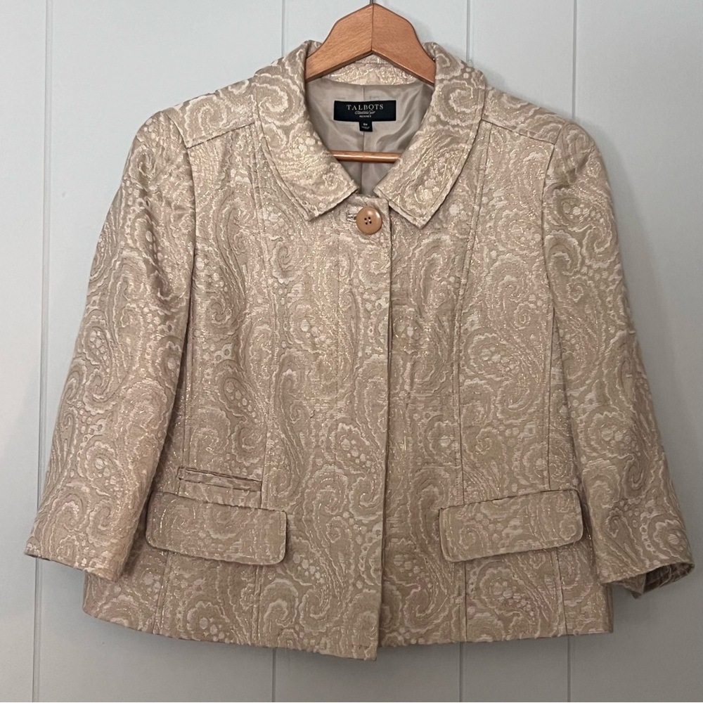 Talbots Cream Gold Brocade Swing Paisley Jacket Blazer Event Chic Size 8 P